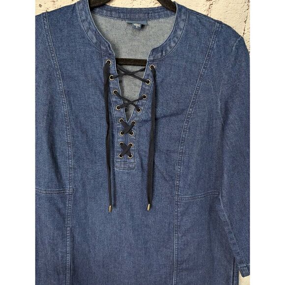 J Jill Denim Womens Shift Dress Blue Lace Up Tethered Hem 3/4 Sleeves Sz M Mediu - Picture 3 of 13